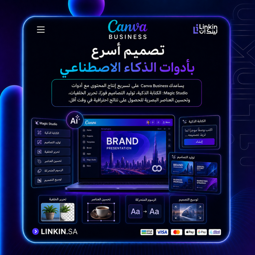 تعاون الفريق والموافقات على التصاميم عبر Canva Business,اشتراك كانفا بزنس لإدارة العلامة التجارية وتعاون الفرق وأدوات AI,اشتراك Canva Business لإدارة فرق العمل والتصميم باحترافية,إدارة هوية العلامة التجارية عبر Canva Business للفرق,أدوات الذكاء الاصطناعي في Canva Business لتسريع التصميم,إنشاء محتوى الحملات والمتاجر عبر Canva Business للأعمال