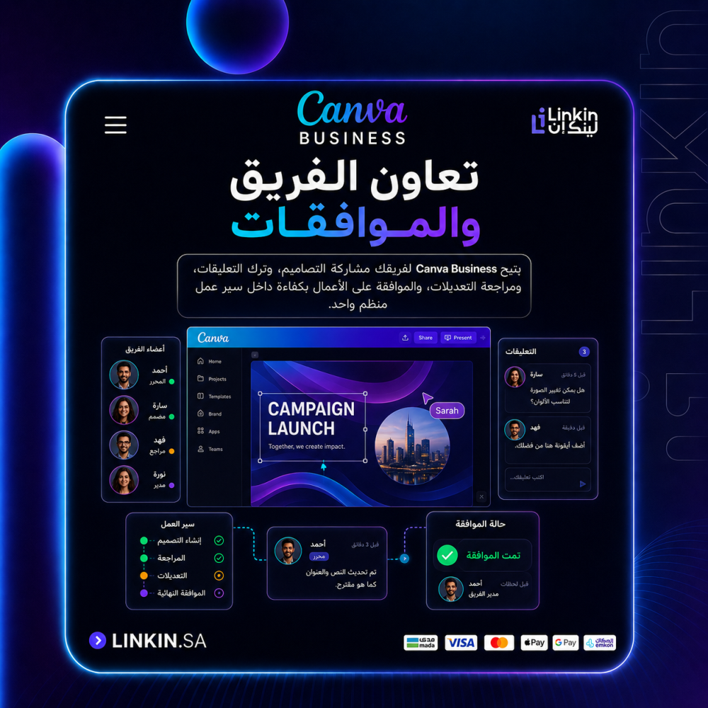 تعاون الفريق والموافقات على التصاميم عبر Canva Business,اشتراك كانفا بزنس لإدارة العلامة التجارية وتعاون الفرق وأدوات AI,اشتراك Canva Business لإدارة فرق العمل والتصميم باحترافية,إدارة هوية العلامة التجارية عبر Canva Business للفرق,أدوات الذكاء الاصطناعي في Canva Business لتسريع التصميم,إنشاء محتوى الحملات والمتاجر عبر Canva Business للأعمال